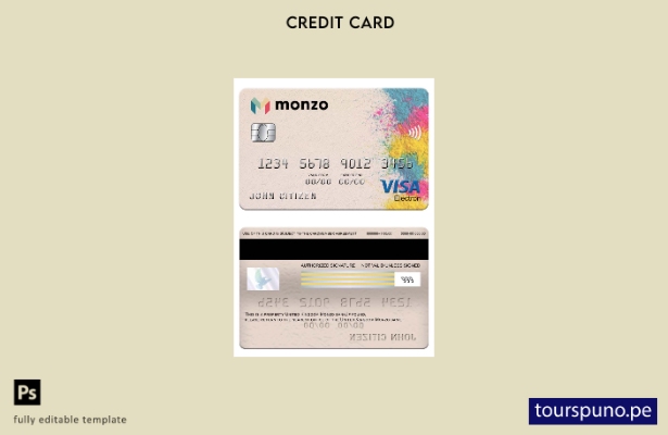 listo para imprimir plantilla de tarjeta electrónica visa bancaria Monzo del Rei